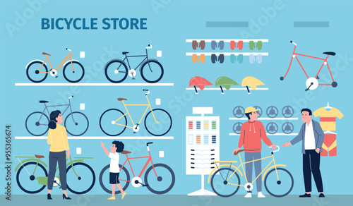 Bicycle store. People buying bike in sport accessories shop. Safety helmets mittens for bikes riding, retail for cyclists, recent vector scene