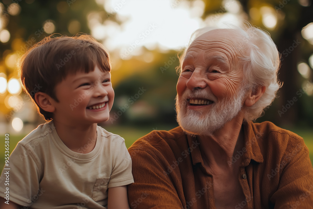 An elderly man grandfather talks to his grandson in the park. Both laugh merrily. Concept for Grandparents' Day. An elderly man grandfather talks to his grandson in the park. Both laugh merrily. Concept for Grandparents' Day.
