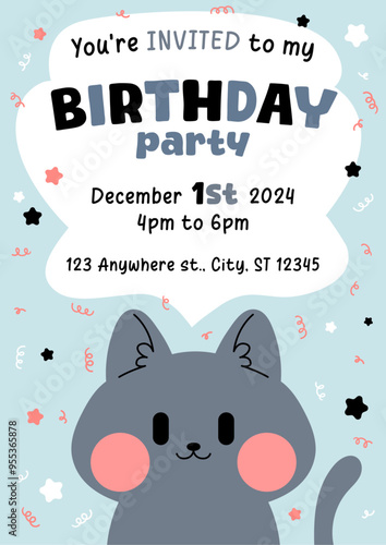 Birthday invitation. Birthday party invitation. Vector cute gray cat birthday party invitation template for kids. Adorable birthday invite card. 