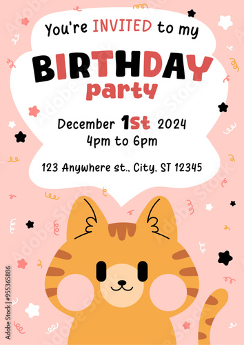 Birthday invitation. Birthday party invitation. Vector cute orange cat birthday party invitation template for kids. Adorable birthday invite card. 