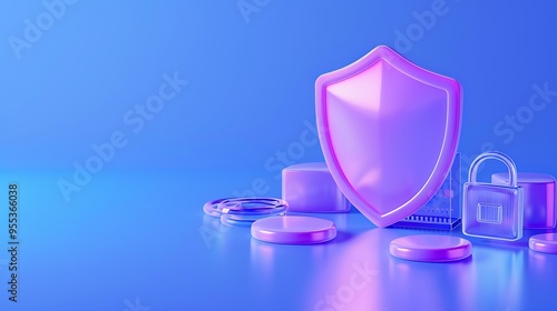 3D security icon with shield, lock, and coins on a blue background. Concept of data protection, cybersecurity, and financial safety.