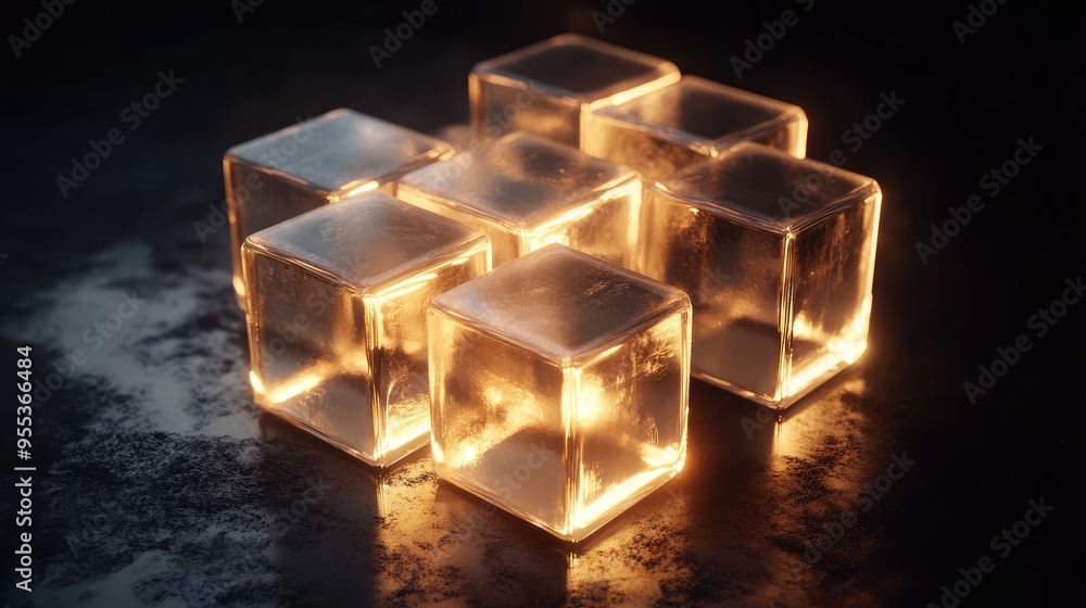 A 3D render of an abstract cube composed of multiple glass cubes, each glowing with soft internal light, set against a dark background A 3D render of an abstract cube composed of multiple glass cubes, each glowing with soft internal light, set against a dark background