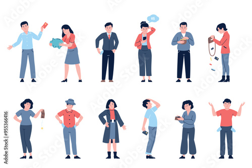 People with empty wallets. Men women show wallet pocket without cash. Poor characters, financial personal crisis, bankruptcy recent vector set