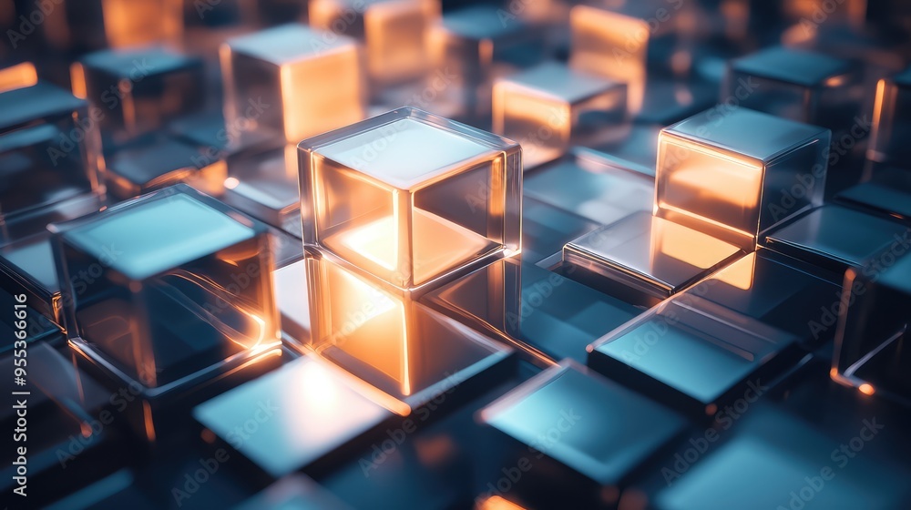 A 3D render of an abstract cube composed of multiple glass cubes, each glowing with soft internal light, set against a dark background A 3D render of an abstract cube composed of multiple glass cubes, each glowing with soft internal light, set against a dark background