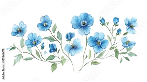 Watercolor illustration of blue flowers buds and leaves arranged in a hand drawn greeting card style on a white background for design purposes invitations and covers