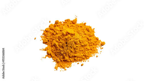 a teaspoon of Turmeric powder isolated against a white background.