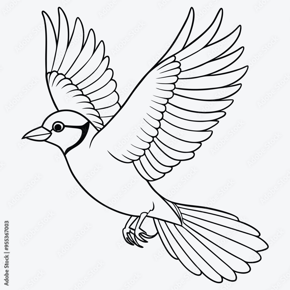 Fototapeta premium Elegant Blue Jay Bird in Flight - Detailed Line Art Illustration