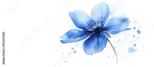 Watercolor illustration of a single blue flower on a white background