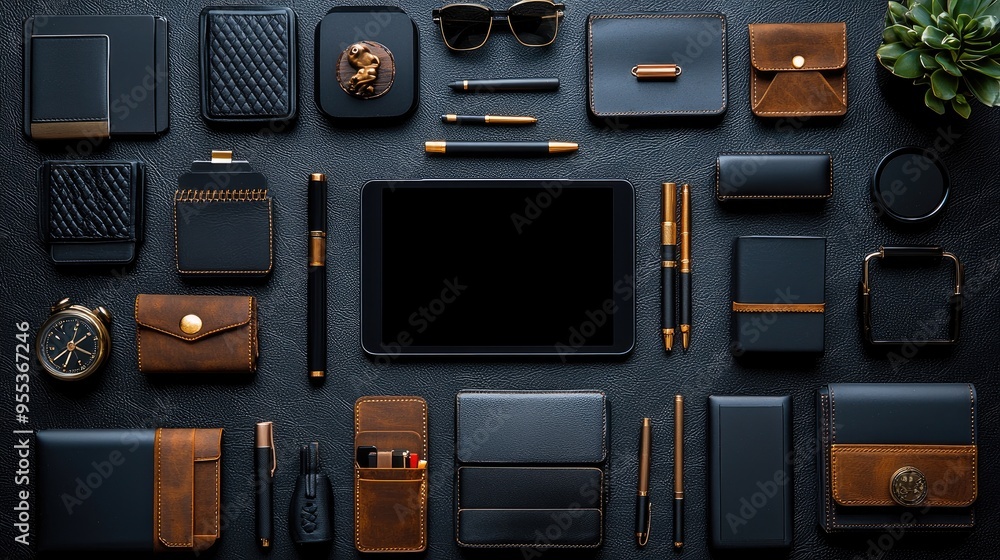 Dark modern workplace with tablet and office supplies on black leather background Dark modern workplace with tablet and office supplies on black leather background