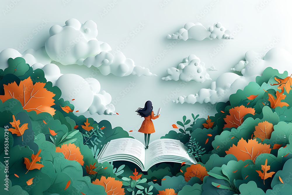 Young woman opening a huge open book surrounding the many flowers, leaves, plants. Back to school, library concept design.