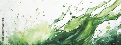 Watercolor illustration of green liquid splashing and falling through the air