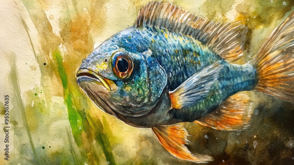 Fototapeta premium Watercolor illustration of a Tetraroginae fish in a close up view within an aquarium