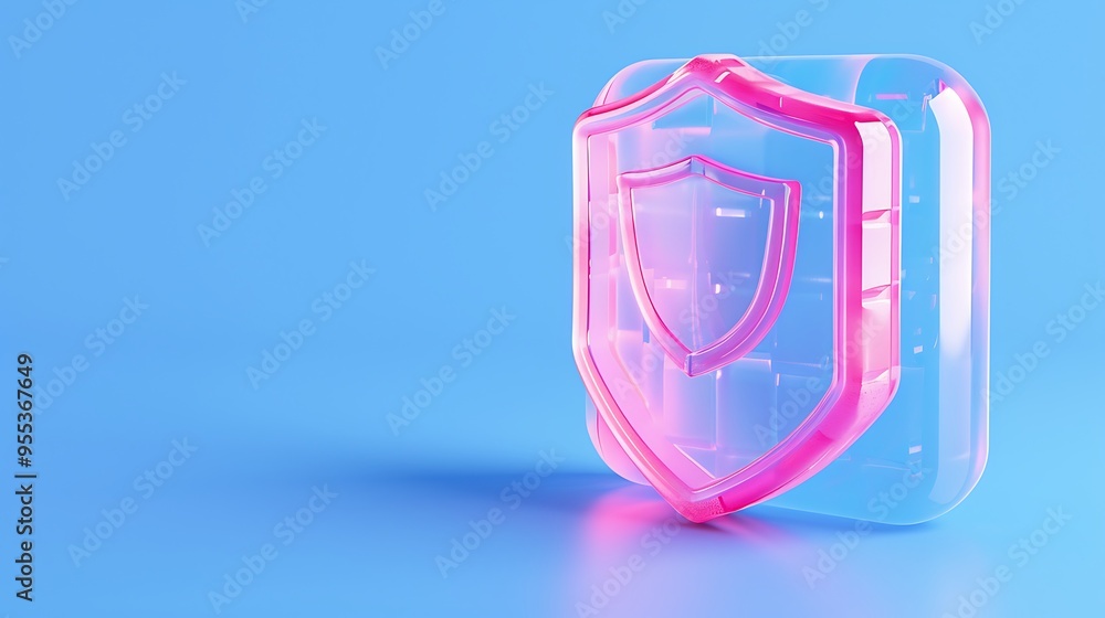 3D-rendering of a transparent shield icon in pink on a blue background symbolizing security, protection, and digital safety. 3D-rendering of a transparent shield icon in pink on a blue background symbolizing security, protection, and digital safety.
