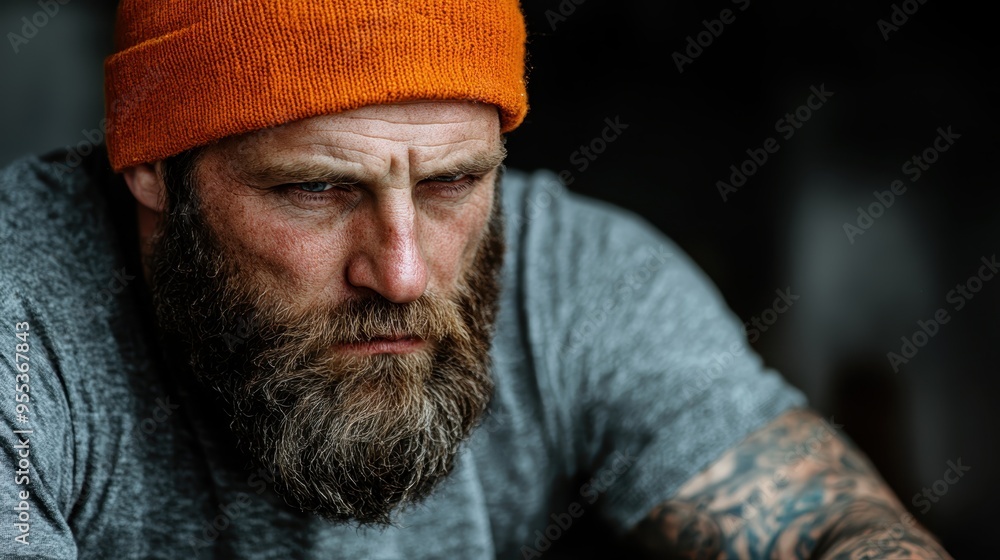 Portrait of a rugged bearded man wearing an orange beanie, captured in a moment of deep thought and intensity, highlighting his tattoos and piercing gaze. Portrait of a rugged bearded man wearing an orange beanie, captured in a moment of deep thought and intensity, highlighting his tattoos and piercing gaze.