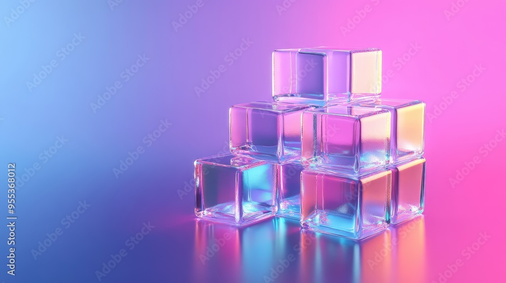 A futuristic glass cube composed of multiple smaller glowing cubes, set against a gradient background A futuristic glass cube composed of multiple smaller glowing cubes, set against a gradient background