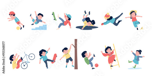 Kids fall down. Children falling from tree ladder staircase, slip and stumble. Dangerous outdoor accidents, at school or kindergarten, recent vector scenes