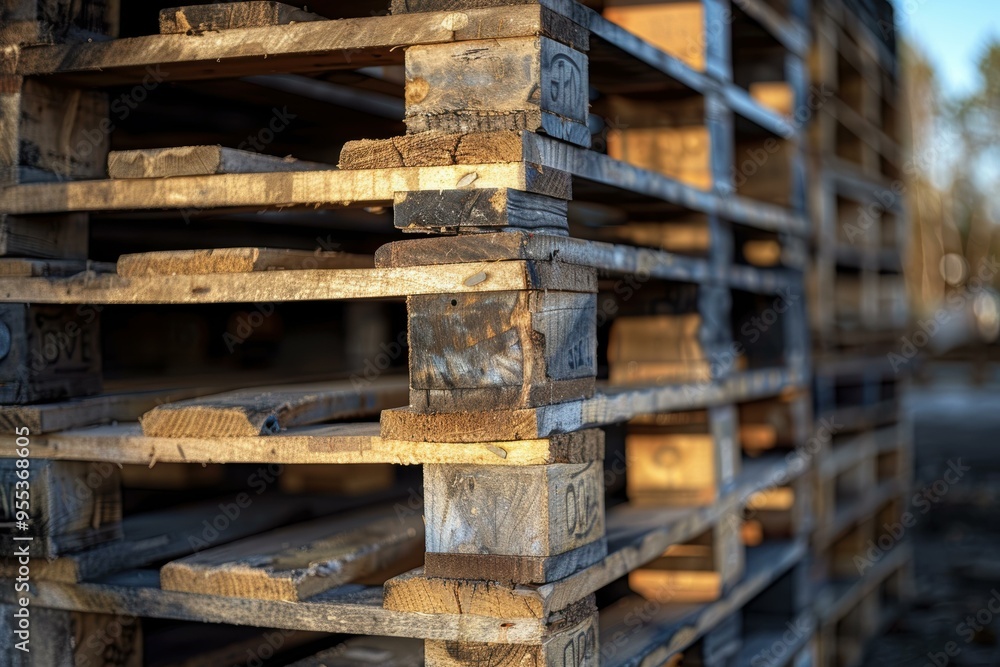 Close-up of stacked wooden pallets in an outdoor warehouse area, suitable for illustrating logistics, shipping Close-up of stacked wooden pallets in an outdoor warehouse area, suitable for illustrating logistics, shipping