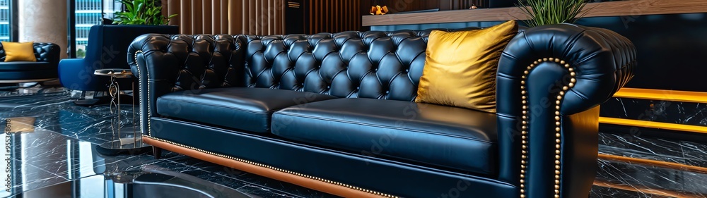 Fototapeta premium Elegant black leather sofa with tufted design and contrasting gold pillow, perfect for modern interior decor and luxury settings.