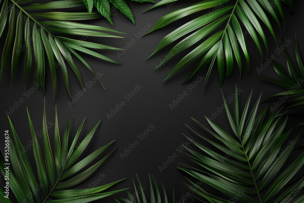 Flat lay frame with palm green leaves on black background with copy space. desktop wallpaper with palm leaves. backdrop or green leafy tropical forest patterns for design elements. Flat lay frame with palm green leaves on black background with copy space. desktop wallpaper with palm leaves. backdrop or green leafy tropical forest patterns for design elements.