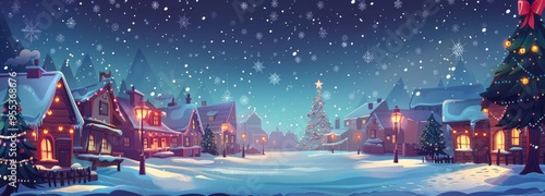 A winter town with small houses and falling snow and christmas trees