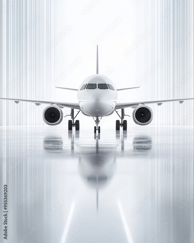 Fototapeta premium A sleek commercial airplane on a reflective runway, showcasing modern aviation design and technology.