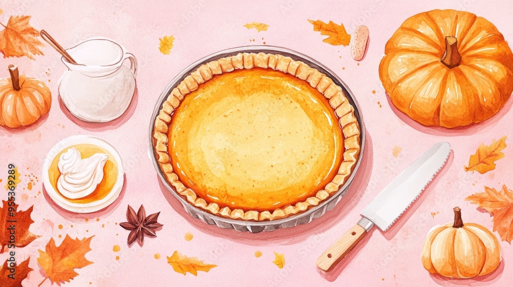 Watercolor illustration of a pumpkin pie recipe with ingredients on a pink background Watercolor illustration of a pumpkin pie recipe with ingredients on a pink background