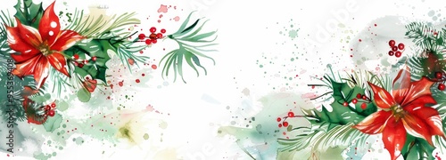 Watercolor christmas banner with poinsettia flowers