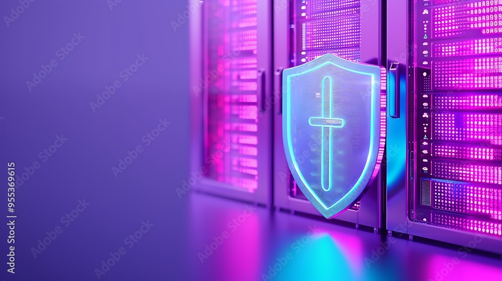 A digital shield over a server rack illuminated with pink and blue lights, symbolizing cybersecurity and data protection in a modern tech environment. A digital shield over a server rack illuminated with pink and blue lights, symbolizing cybersecurity and data protection in a modern tech environment.