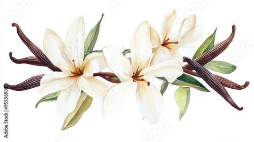 Fototapeta Naklejka Na Ścianę i Meble -  Watercolor illustration of vanilla flowers and pods hand painted