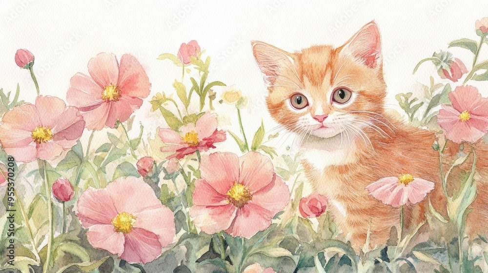 Obraz premium Watercolor illustration of an adorable kitten in a garden with a red cat exploring pink flowers