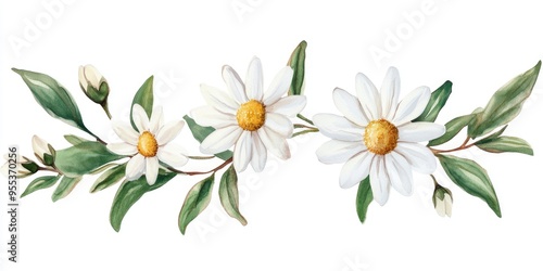 Watercolor illustration of a sprig featuring white daisies buds leaves and brown outlines Isolated floral arrangement suitable for wedding invitations packaging stickers and scrapbooking