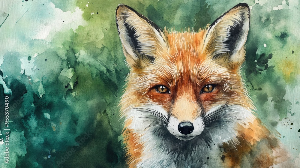 Obraz premium Watercolor illustration of a stunning portrait of a red fox with a vibrant green background