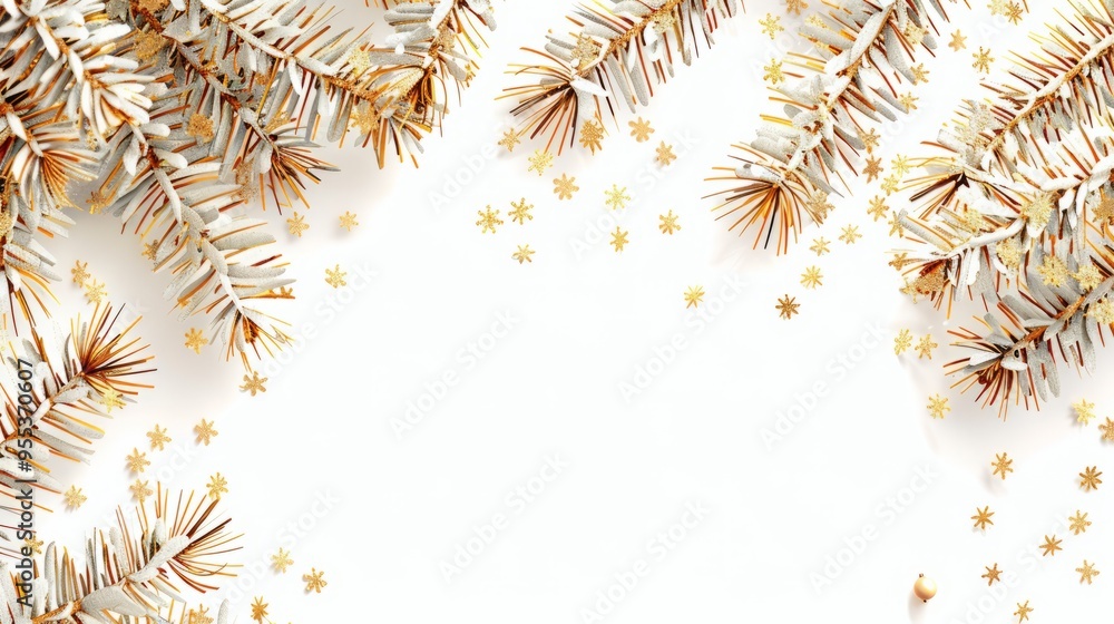 White christmas card with golden fir branches border White christmas card with golden fir branches border