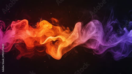 Watercolor illustration of orange and purple smoke on a black background featuring a stunning display of flowing smoke effects
