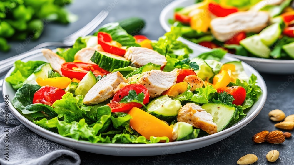 A vibrant salad featuring fresh vegetables and chicken is beautifully arranged on a white plate, accompanied by another plate of colorful vegetable nuts, all set in a sunlit home. A vibrant salad featuring fresh vegetables and chicken is beautifully arranged on a white plate, accompanied by another plate of colorful vegetable nuts, all set in a sunlit home.