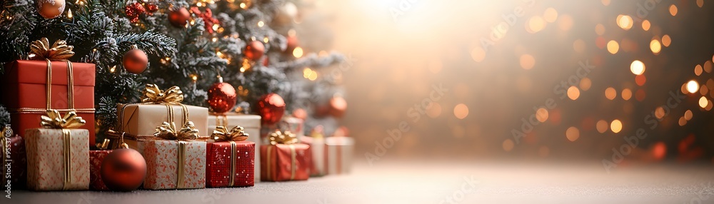 Christmas Gifts Under the Tree, Christmas Celebration Background with Copy Space. Christmas Gifts Under the Tree, Christmas Celebration Background with Copy Space.