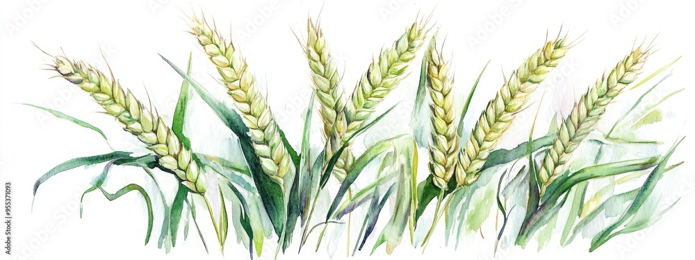 Watercolor illustration of green wheat ears on a white background Watercolor illustration of green wheat ears on a white background