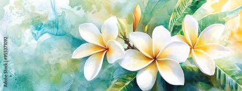 Watercolor illustration of tropical plumeria flowers basking in sunlight