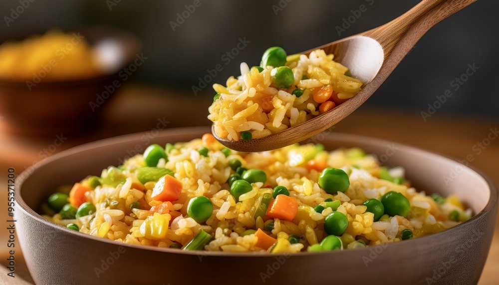 A close-up of a spoon scooping golden fried rice from a rustic bowl, showcasing peas, carrot A close-up of a spoon scooping golden fried rice from a rustic bowl, showcasing peas, carrot