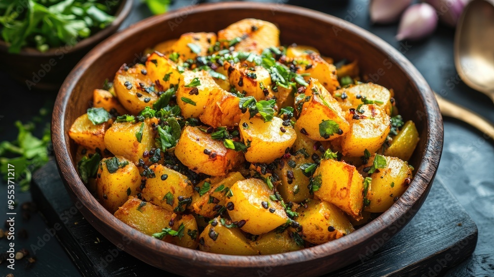 A delicious dish of spiced potato in a wooden bowl. Perfect for illustrating recipes, cooking blogs, or articles about Indian cuisine. A delicious dish of spiced potato in a wooden bowl. Perfect for illustrating recipes, cooking blogs, or articles about Indian cuisine.