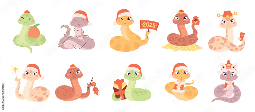 New year snakes. Funny cartoon snake chinese new year party symbols. Isolated cartoon animal characters with different traditional elements, racy vector set New year snakes. Funny cartoon snake chinese new year party symbols. Isolated cartoon animal characters with different traditional elements, racy vector set