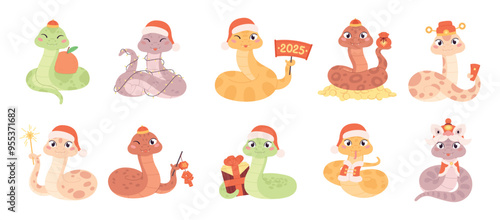 New year snakes. Funny cartoon snake chinese new year party symbols. Isolated cartoon animal characters with different traditional elements, racy vector set