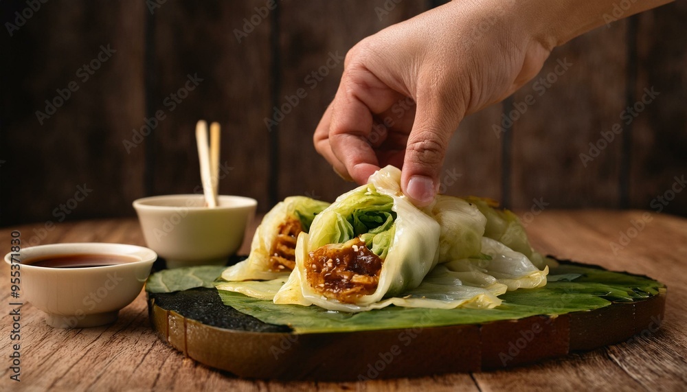 A scene showing a hand preparing a Moo Shu pork wrap, with thin pancakes and hoisin sauce re A scene showing a hand preparing a Moo Shu pork wrap, with thin pancakes and hoisin sauce re