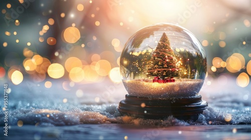 Shiny Christmas card with a Christmas tree in a snow globe
