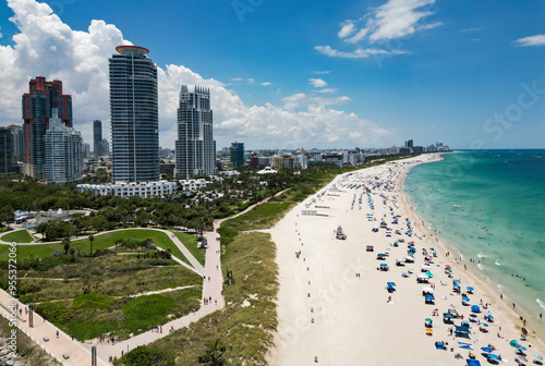 Miami cityscapes. Skyline of Miami Beach from top. Miami beach coastline. Panoramic view of Luxury condos in Miami Beach Florida. Aerial View of Surfside Beach. photo