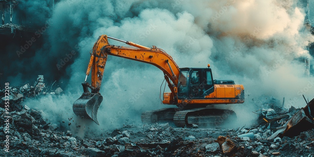 Excavator working amidst debris and smoke, showcasing heavy machinery in construction and demolition environments. Excavator working amidst debris and smoke, showcasing heavy machinery in construction and demolition environments.