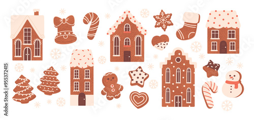 Gingerbread cookies. Christmas sweet dessert in form house heart star xmas tree snowman. New year tasty gifts, baked presents for children, racy vector set