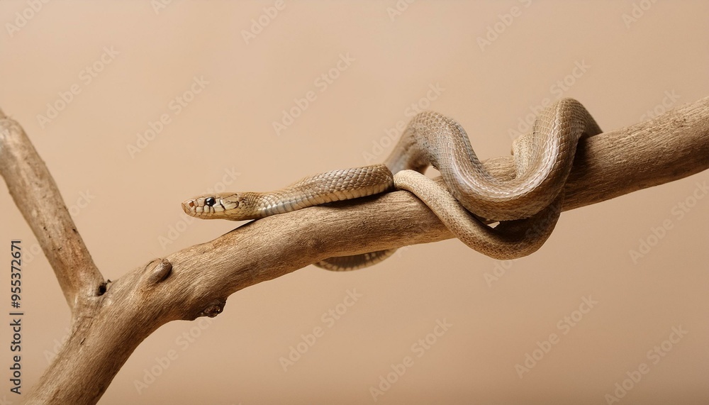 Obraz premium A snake winding around a single, leafless tree branch with a minimalistic, soft beige backgr