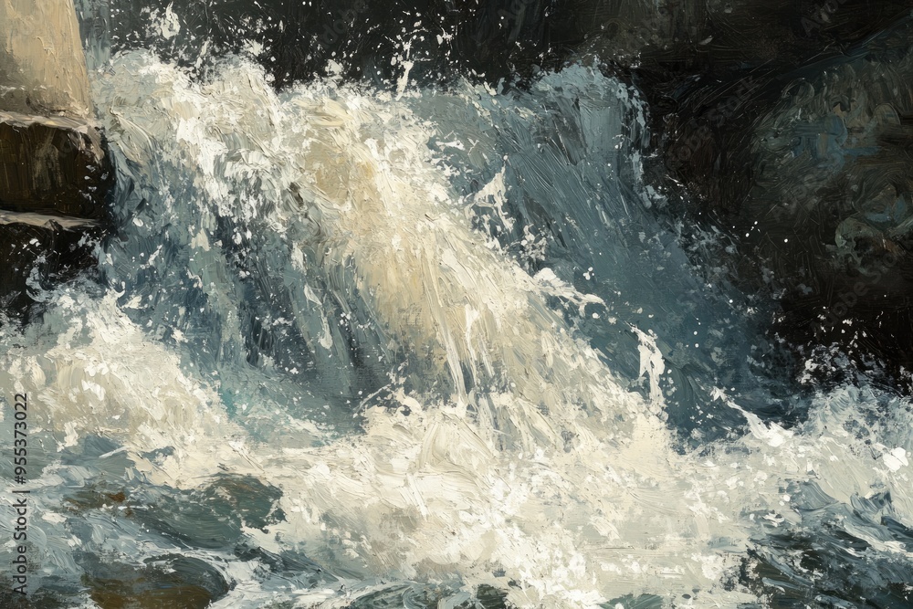 Oil painting depicting a turbulent stream with foamy water featuring a waterfall and water spray elements Oil painting depicting a turbulent stream with foamy water featuring a waterfall and water spray elements