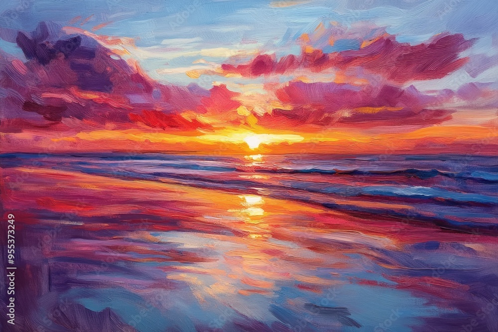 Oil painting depicting a stunning sunset over the beach showcasing vibrant colors and serene atmosphere Oil painting depicting a stunning sunset over the beach showcasing vibrant colors and serene atmosphere